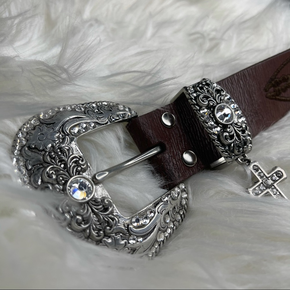 Rhinestone & Leather Belt with Crystal Cross Charm